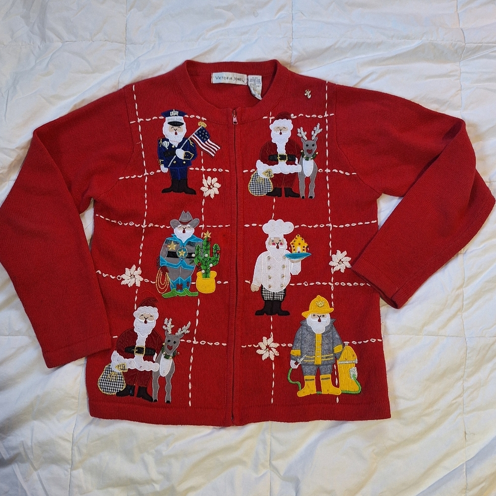 Victoria Jones Vintage Christmas Sweater – Occupational Santa Cardigan – Size Sm